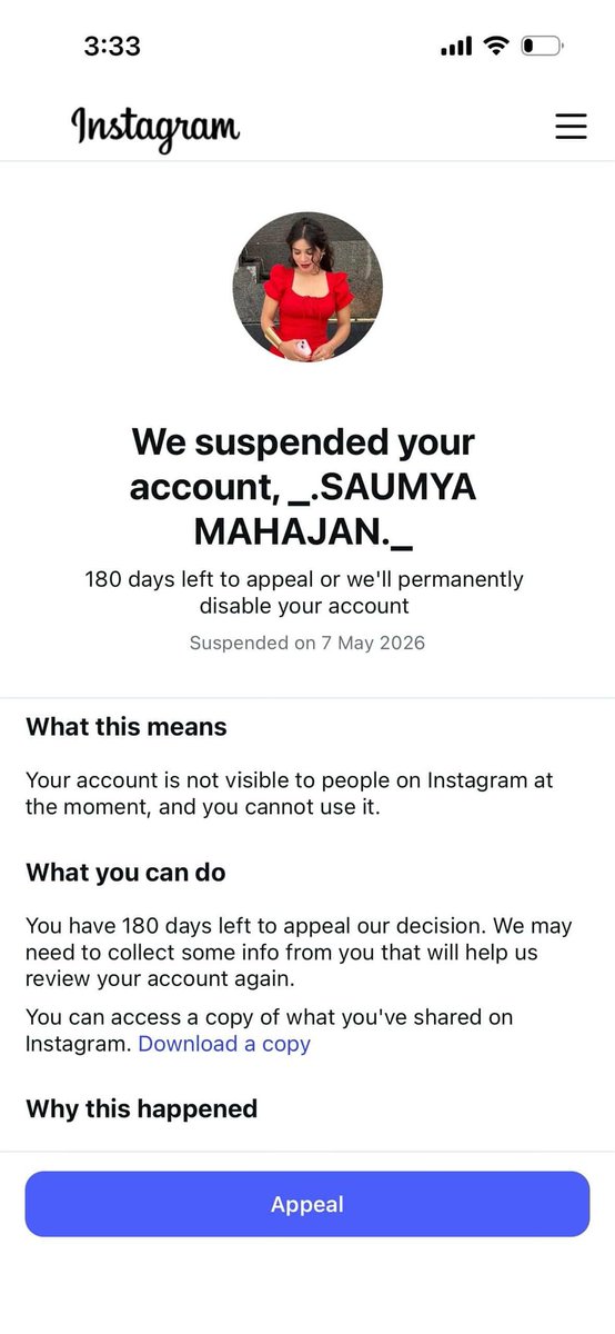 avinash07gupta's tweet photo. @instagram @instagram @Meta Please reopen my Instagram account @_saumya33 ASAP. My account was disabled by mistake even after submitting my ID for verification. This account is important to me. Kindly review it again and help me recover it 🙏 #instgram
#instgram #metaai https://t.co/351rVGrNjO