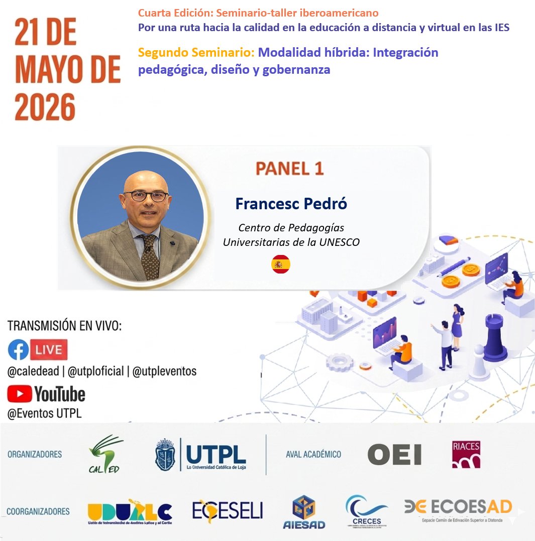 CALED12's tweet photo. 🌎Participa en el 1mer. Seminario: Modalidad híbrida. 
🎙️ En el Panel 1 contaremos con la participación de @FrancescPedroED, quien compartirá su experiencia sobre educación híbrida e innovación en la ES.

📅 21 de mayo
🕣 8:30 (🇪🇨)
📌 Regístrate:
👉🏻 https://t.co/UYHfbRS2ZR https://t.co/5tHxYYjSBo