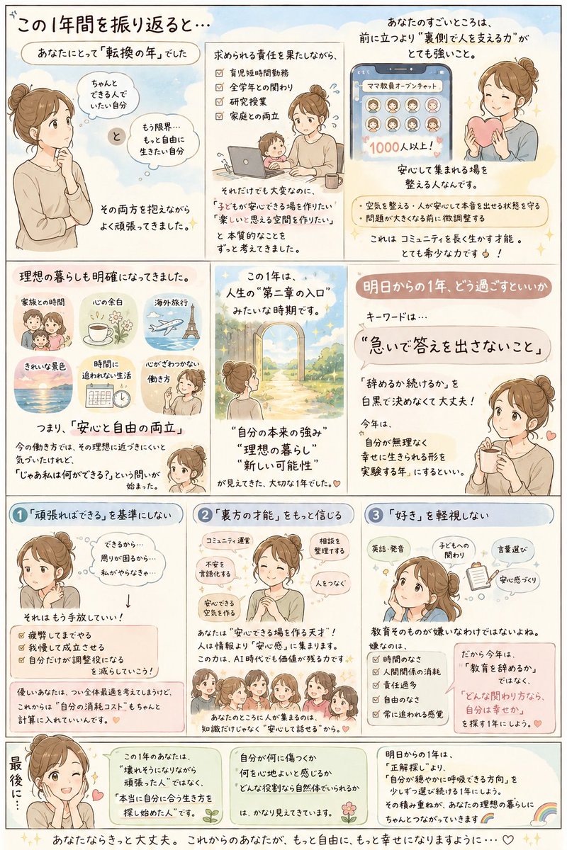 syusense's tweet photo. あと数分でまた1つ歳をとるので、ChatGPTにこの1年と明日からの1年についてまとめてもらった。
「正解探しより、自分が穏やかに呼吸できる方向を選び続ける1年にする」に納得。
うん、そんな1年にしよう。 https://t.co/HZnwy6ROxp