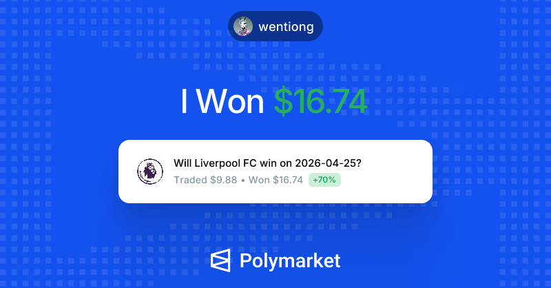 ninling_'s tweet photo. I just won $16.74 on @Polymarket!

Join me and put your money where your mouth is: https://t.co/ooiRJlEi7S https://t.co/PALGJqhmUG