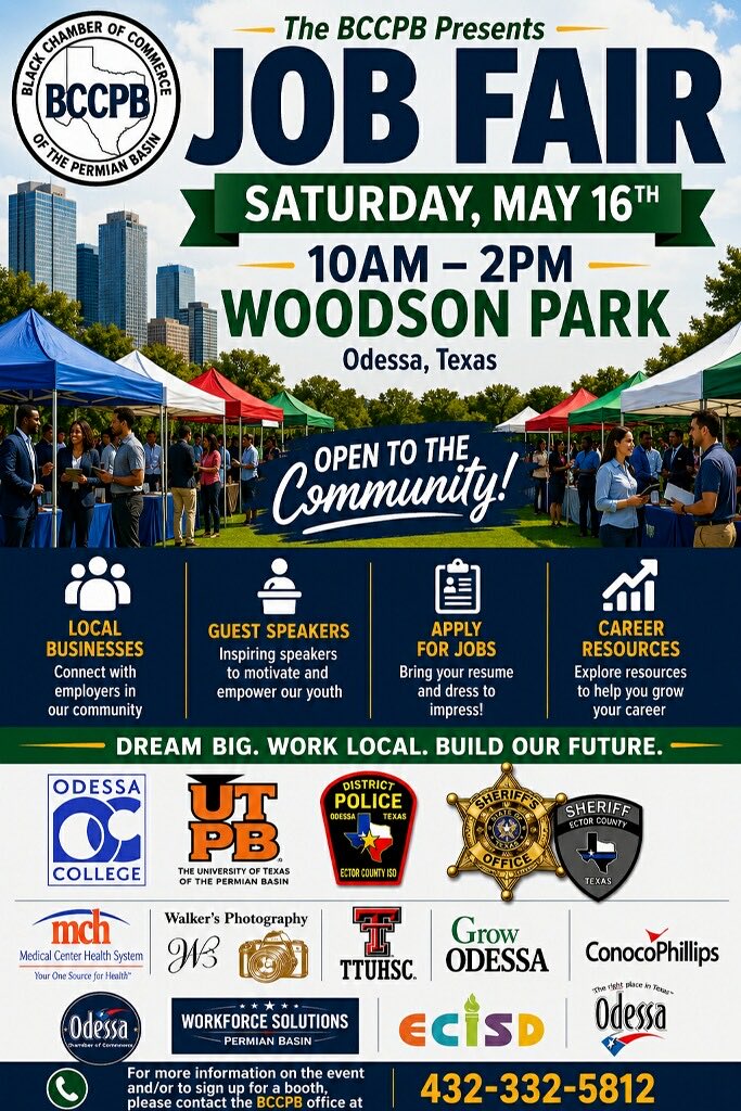 ecisdHR's tweet photo. Come learn about the exciting opportunities Ector County Independent School District has to offer at the BCCPB Job Fair today from 10:00 AM–2:00 PM at Woodson Park. We’d love to visit with you about joining TEAM ECISD! 🎉🎉@EctorCountyISD
#TeamECISD #ecisdHR #jointeamecisd https://t.co/vOrD3epbJc