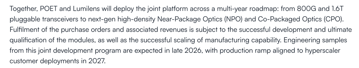 edge_of_power's tweet photo. $POET straight up played retail after getting dumped by Marvell. That Lumilens $50M "deal" is just a conditional framework. Zero upfront cash, just a promise to spend $50M if the engineering samples actually work. Announced a few days after Marvell ditched them LOL 

Fine print says it all: revenue is subject to qualification, samples late 2026, production 2027. No real revenue for at least a year.

Meanwhile, Lumilens bags 2.2M shares immediately at $8.25. Absolute joke for a $2.4B market cap. Lumilens is the only one making money here.

Literally 24 hours later, POET drops a $400M direct offering with warrants at $21 🤡 The timeline is wild - get ditched by Marvell, magically find a "client" who takes cheap equity just to sign a PR, and then slam shareholders with massive dilution on the pump. Used retail as exit liquidity at the literal top 🥶