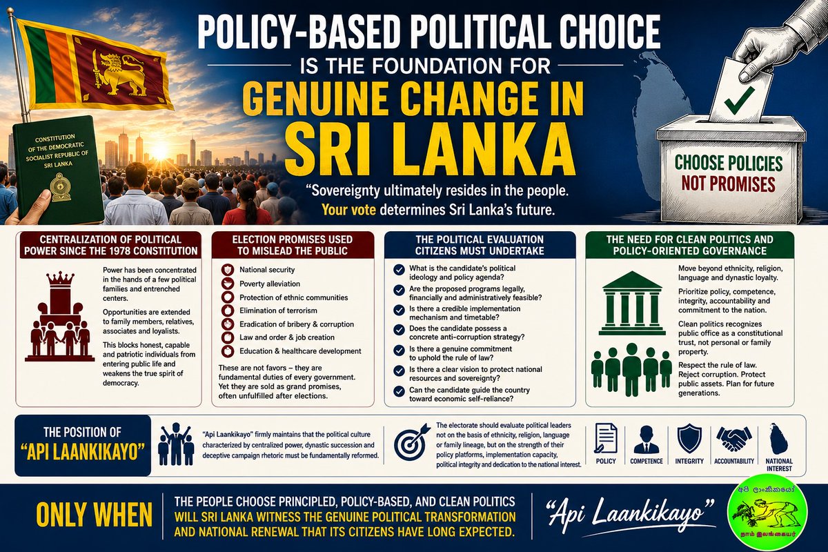 Nowsadhsolo's tweet photo. Policy-based political choice is the foundation for genuine change in SL

Sovereignty belongs to the people, but elections must be guided by policy, integrity, and competence—not ethnicity, religion, or dynastic loyalty.

Choose clean, accountable governance for national renewal. https://t.co/BAr31twRSl