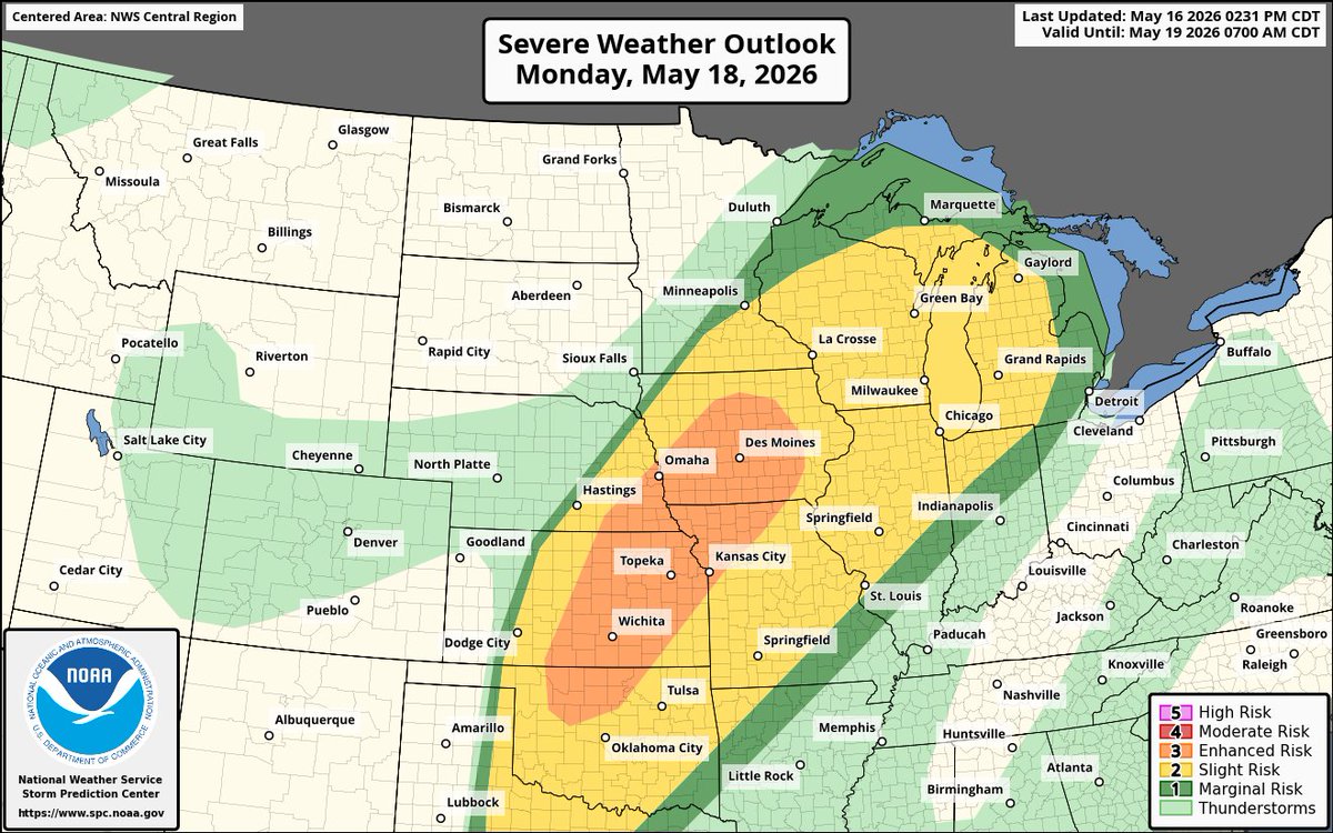 NickBenderKMBC's tweet photo. ❗ Numerous severe thunderstorms are possible across the Enhanced Risk area (Level 3 out of 5) beginning Monday afternoon and continuing into early Tuesday morning. For the Kansas City area, I’m leaning toward the risk of severe weather increasing during the evening and peaking overnight.

⏲️ The location of the surface fronts and the timing of when they move into our area are still uncertain, and their arrival will ultimately coincide with the greatest chance for severe weather locally. Right now, I’m leaning toward Monday evening and late Monday night as the time of greatest severe weather potential for the Kansas City area.

☄️💨🌪️ The primary threats will depend on storm mode: discrete, individual storms firing along the dryline versus a line of thunderstorms, such as a squall line developing along a cold front. During the afternoon and evening, individual supercell thunderstorms are most likely along the dryline, which is expected to be positioned well west of the Kansas City area. Locally, the most likely scenario is for a squall line to sweep through Monday night, with damaging winds and a few tornadoes as the primary threats. That said, day-of, storm-scale features may still affect the overall severe weather setup.

💭 Severe weather events like this one, with days of lead time, can increase anxiety, especially with so many posts and pictures bombarding you on social media. I encourage you to pick one or two sources you trust and ignore much of the rest — I hope the KMBC First Alert Weather Team is one of those sources. There is still a lot that is not locked in with this event, including storm mode, the location of the fronts, and how quickly those fronts move across the Plains and Midwest. That said, the forecast parameters are favorable for all types of severe weather.

Posted Saturday, May 16, 2026