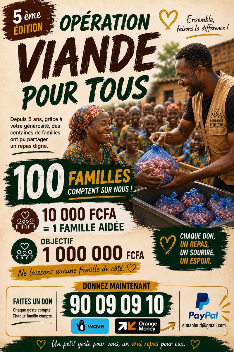 elmaoloud's tweet photo. Salam Aleykoum 

Et si cette année ton Aïd devenait aussi celui de familles qui n’ont même pas de quoi manger ? 

Rejoins-moi pour offrir de la viande à 100 familles dans le besoin et transformer cette fête en source de sourires et de hassanates. 

OM/Wave : 90 09 09 10 https://t.co/vr81Adwtn3