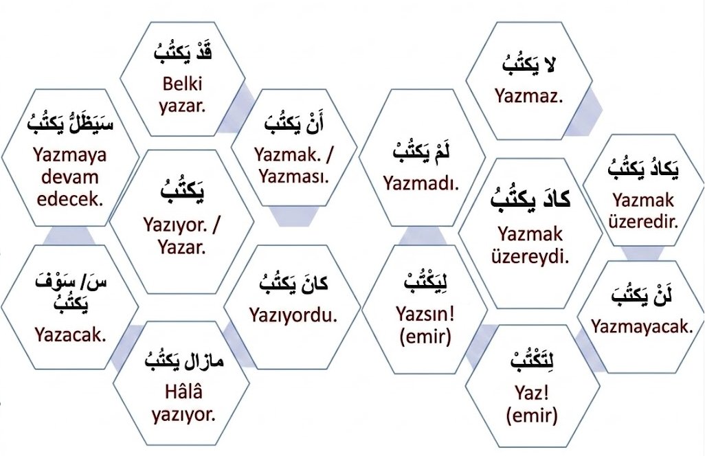 hikemunhaseneh's tweet photo. Arapçada muzâri fiilin bazı bildirme (indicative / صيغة إخباريّة) ve tasarlama (subjunctive / صيغة إحتماليّة) kiplerine göre aldığı biçimler: https://t.co/uSQrDDZfmC