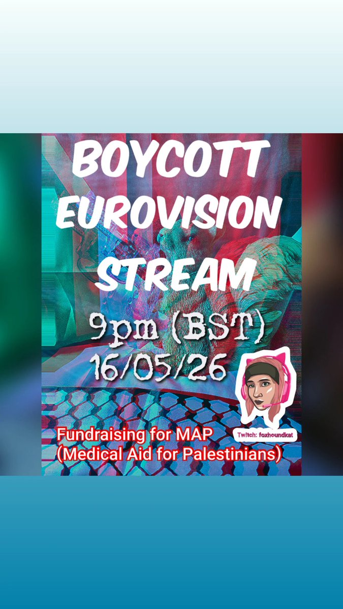 FoxhoundKat's tweet photo. We live on Twitch Boycotting the Eurovision song contest and hopefully raise some money for charity 🍉  https://t.co/hRF6TF90my
#freepalestine 
#boycotteurovision https://t.co/YGprtJ0R5n