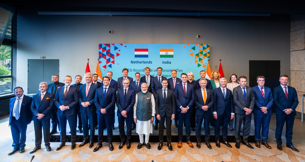 ministerBHOS's tweet photo. NL and India are choosing a strategic partnership as an instrument for cooperation, security and prosperity. 

With @MinPres and @narendramodi I spoke with leading Dutch companies in sectors such as high tech and logistics about projects that strengthen our economic relationship. https://t.co/MSjSy1TzrN
