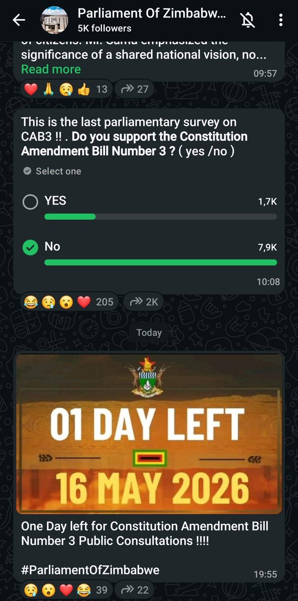 NtateRanaka's tweet photo. Sane Zimbabweans genuinely do not want this thing. Even @ParliamentZim’s own survey is exposing the public mood nobody wants this thing. People are overwhelmingly rejecting this so-called amendment. https://t.co/k6QivNrHQ5