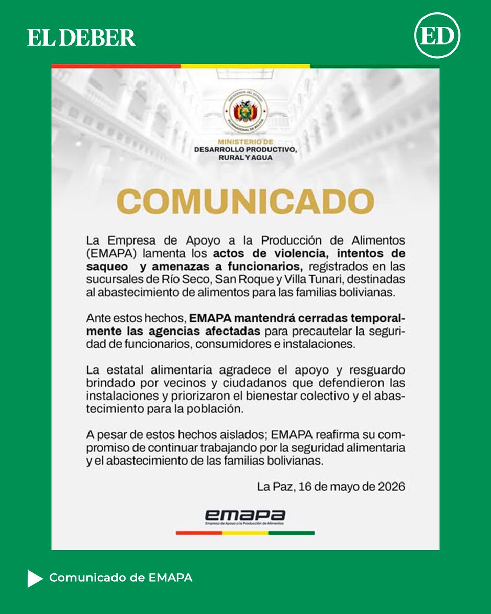 grupoeldeber's tweet photo. EMAPA informó sobre el cierre temporal de sus agencias en Río Seco, San Roque y Villa Tunari, en La Paz, tras registrarse actos de v1ol3ncia, intentos de saqueo y am3naz4s contra funcionarios.
📌Manténgase informado en https://t.co/lWbSOiJfJC
#ELDEBER #Emapa #Seguridad #LaPaz #Bolivia