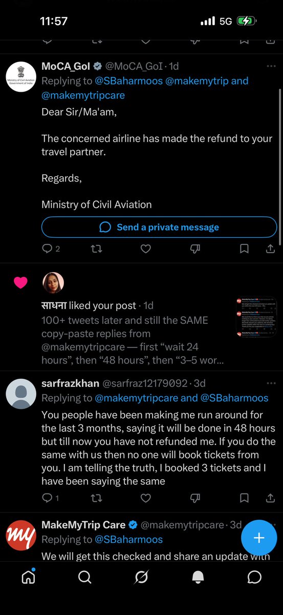 SBaharmoos's tweet photo. @makemytripcare This is highly contradictory and unacceptable.

@MoCA_GoI has publicly confirmed that the concerned airline has already processed the refund to the travel partner (MakeMyTrip), while your team continues to state that the refund is still awaited from the airline.

Who is providing incorrect information here?

Kindly provide documentary proof from the airline if the refund is genuinely pending, or immediately process the remaining refund amount. Repeated silence and contradictory responses are unacceptable.

Booking ID: NN7AJKGD56585086745 | PNR: AW5LPG

@MoCA_GoI @DGCAIndia Kindly intervene, as contradictory information is being provided and no resolution is being given.