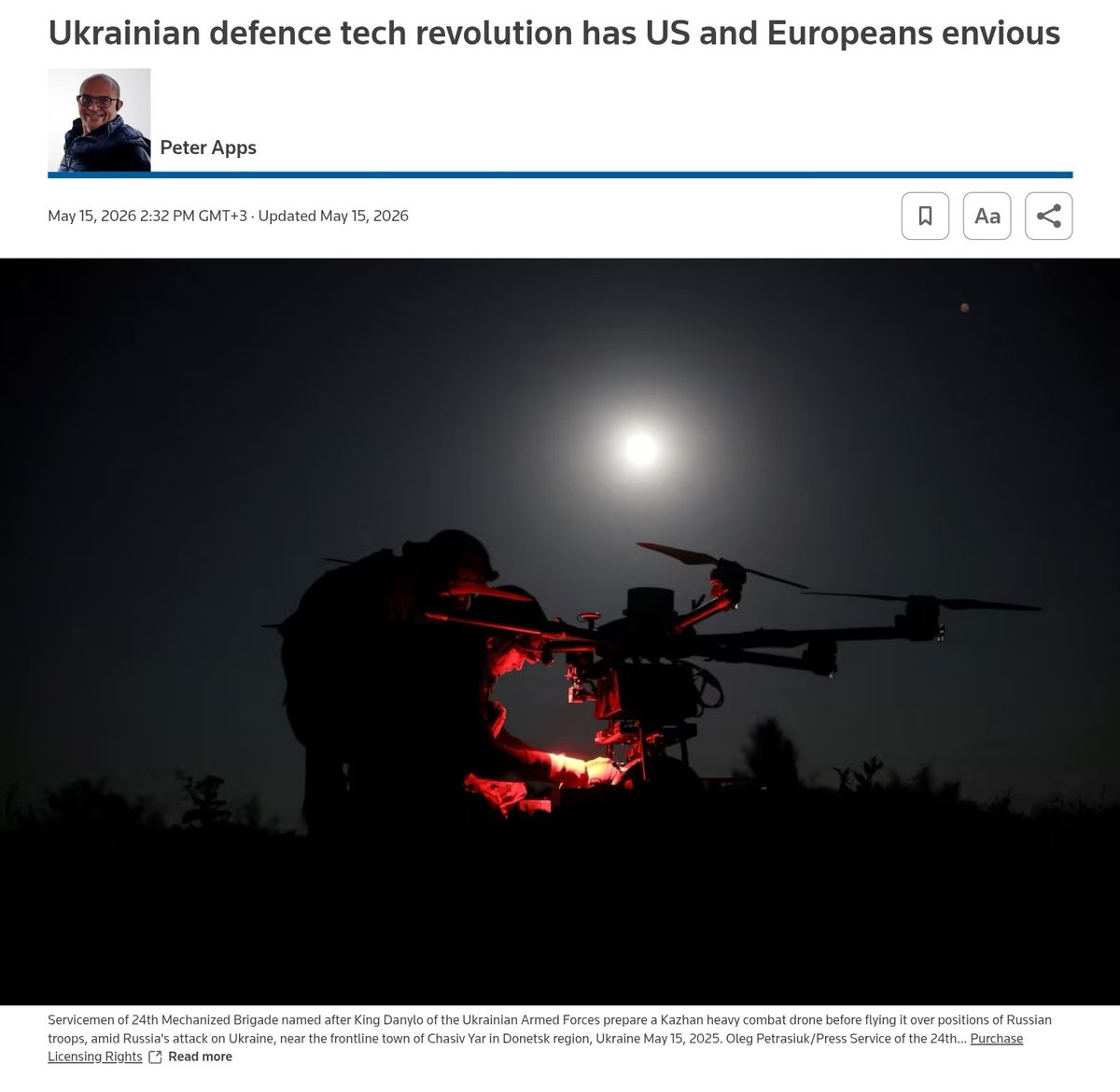 DenShtilierman's tweet photo. Reuters has published an in-depth article titled “Ukrainian defence tech revolution has US and Europeans envious.” The article describes Ukraine’s transformation from a “victim of aggression” into a strategic provider of defense solutions for the entire Western bloc. Ukraine has not only learned how to fight, but has also surpassed its allies in many technological areas.

“Ukraine's “Delta” command and control system was now able to “integrate every single drone, every sensor and every shooting platform into just one single network” – something the U.S. Army was still trying to achieve.”

“Defense Secretary Pete Hegseth said he was sending U.S. military personnel ⁠to Ukraine to 'ensure we are learning every possible lesson from a conflict and incorporating it in real time into how we defend and how we go on offense in an era where drone dominance is required.'”

In other words, the Americans are officially and publicly stating that they are coming to Ukraine to learn. This is the same Hegseth who, a few months ago, called support for Ukraine “a problem inherited from Biden.” I wonder, have the Americans thanked Zelenskyy for this support? If not — they should. Because I think they don’t have the cards.

“According to the Financial Times and CBS, U.S. and Ukrainian officials are now moving towards a memorandum of understanding that would allow Ukrainian drones to be tested – and potentially also built under licence – in the United States.”

Another important detail: Reuters notes that Germany has replaced the U.S. as Ukraine’s main ally:

“Germany has now replaced the U.S. as Ukraine’s principal backer when it comes to military aid. It expects to supply 100,000 artillery shells this year, PAC-3 air defence missiles from next year, and a host of other support efforts including cooperation on new long-range attack drones capable of reaching deep into Russia.”

“'We are strategic partners,' Pistorius said on Monday. 'On the one ⁠hand, we continue to support you in your defensive struggle, but on the other we are increasingly building a structured, long-term partnership to be reckoned with.'”

100,000 shells this year. PAC-3 starting next year. Joint production of long-range drones. And official recognition of Ukraine as a strategic partner.

Separately, Reuters describes the context and figures:

“In April, 1,300 delegates from more than 30 countries attended Kyiv's Defence Tech week, which ended with a three-day “hackathon” working on a range of real technical and tactical problems.”

“Officials in Kyiv say Russia launched some 19,000 long-range Shahed drones over the winter, but that, by the end of March, Ukraine was downing almost 90%.”

“The Institute for the Study of War (ISW) reported that, in April, Ukraine had taken back more territory than it lost.”

“In the first three months of this year, Ukrainian officials say Russia suffered some 26,000 casualties – more than the Kremlin was able to recruit over the same period.”

Reuters’ conclusion:

“Ukraine’s defence partners are no longer coming to Kyiv just to see how they can help: increasingly, they are there to learn and arm for much wider confrontations, and a new kind of war.”

Ukraine’s strategic position has changed dramatically. In 2022, we asked for weapons, and we were given helmets. In 2026, people are coming to us to learn. This is a historic transition that must be properly capitalized on.