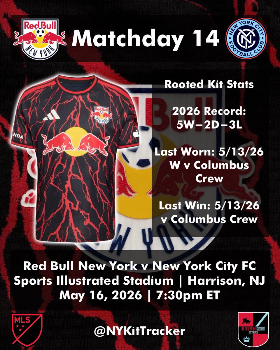 NYKitTracker's tweet photo. Red Bull New York will be wearing the Rooted kit against New York City FC for matchday 14 of the 2026 MLS Season.

https://t.co/ASw7Hw2uji #RBNY https://t.co/KlTNo3BjLu