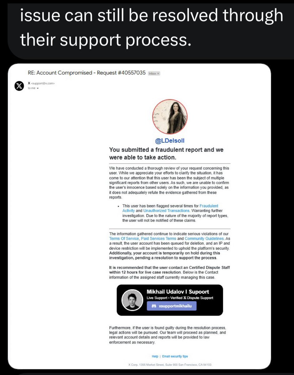 LDelsoll's tweet photo. If you receive a message saying someone “accidentally reported your X/Twitter account for fraud/scams” and asks you to contact support, verify your account, or message a specific person, it’s a scam.

These messages are sent from hacked or compromised accounts to trick you into giving away your login details or getting your account stolen too.

Do NOT click links, do NOT contact random “support” accounts, and never share verification codes or login information. Report and block the sender instead.
