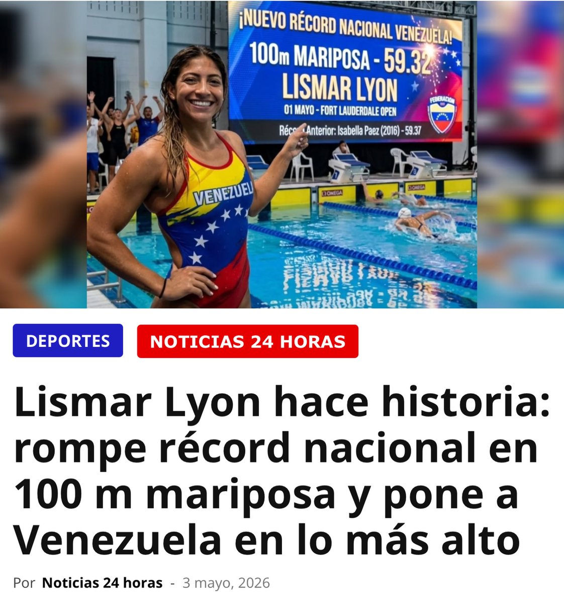 ElaFerris's tweet photo. La nadadora venezolana🇻🇪 Lismar Lyon logró un hito para el deporte nacional al imponer un nuevo récord en los 100 metros mariposa durante el Fort Lauderdale Open, en Estados Unidos.
Lyon detuvo el cronómetro en 59.32 segundos, superando la marca nacional que se mantenía desde 2016 en manos de Isabella Páez.
El resultado cobra relevancia por el nivel de la competencia, que reúne a destacados atletas internacionales, lo que posiciona el logro de la venezolana como un paso firme en su consolidación dentro de la élite de la natación.