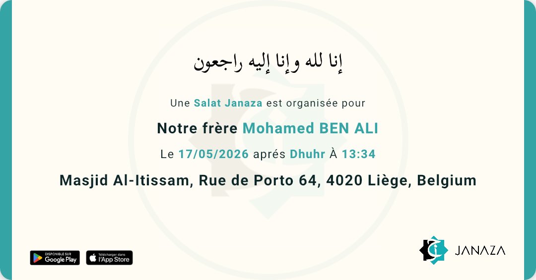 janaza_app's tweet photo. 🚨 PARTAGEZ BARAK’ALLAHU FIKOUM
⚰️ 4 Salat JANAZA ! -> Dimanche 17 Mai 2026 

🌐 Ajoutez une JANAZA -> https://t.co/NtlZypspXO
📱 App iOS &amp; Android -> https://t.co/zDnOp04iHh https://t.co/sI8YSSbV2T