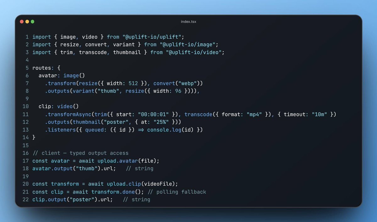 itz_feminisce's tweet photo. In #Uplift 1.4.0

.transformAsync(...) let’s you run a long transform tasks with big files.

.listeners(…) let’s you subscribe to transform lifecycle.

.preflight(…) let’s you HEAD the route manifest and validate before actual file upload is triggered. No blob is transferred. https://t.co/1X5cRkiqgz