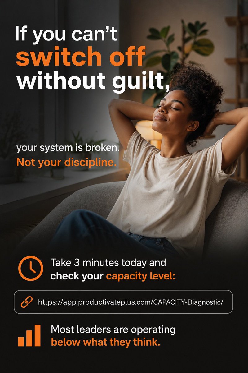 Remi_Dairo's tweet photo. If you can’t switch off without guilt,
 your system is broken. 

Not your discipline.

Take 3 minutes today and check your capacity level:

https://t.co/eGBCkQRQWX

Most leaders are operating below their own expectations.

#SAFEProductivity #WeekendReset #BurnoutRecovery #LeadershipWellbeing #HighPerformance #ExecutiveWellbeing #MentalFitness #SustainableSuccess #Productivity #LeadershipDevelopment #CapacityBuilding #RemiDairo