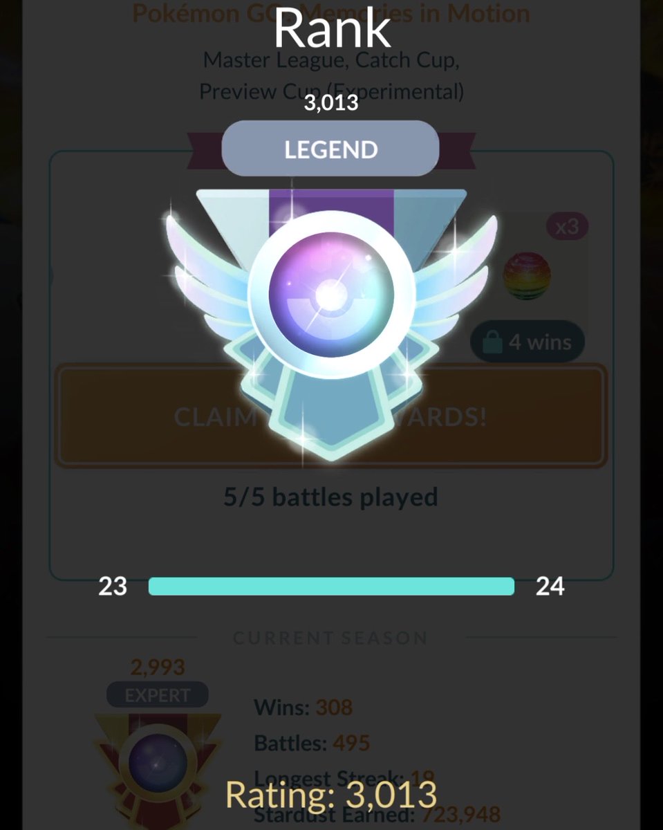 ArnoGods's tweet photo. Hit Legend in less than 500 battles 🥳🙌
Master League was very good to me. 
#pokemonGo https://t.co/2G1GfJGwv5