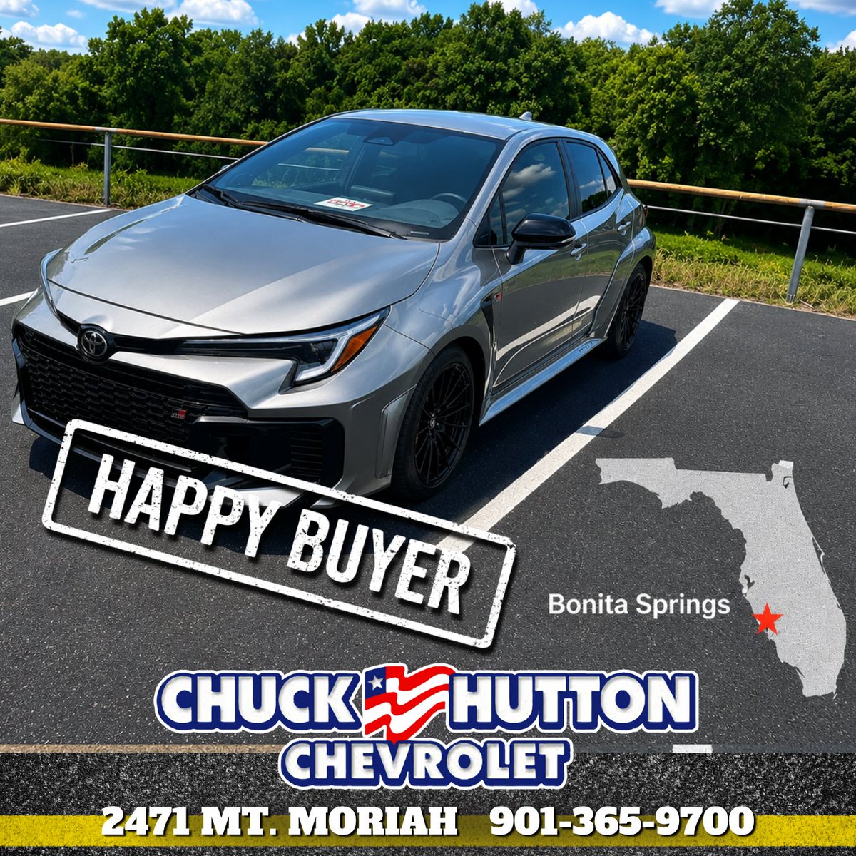 CHutton_Chevy's tweet photo. Congratulations to Suzanne from Bonita Springs, Florida, on her incredible new 2025 Toyota GR Corolla Premium! Thank you for choosing Chuck Hutton Chevrolet, and a big thank you to Dennis for helping make it happen. https://t.co/52A0CjZmRB