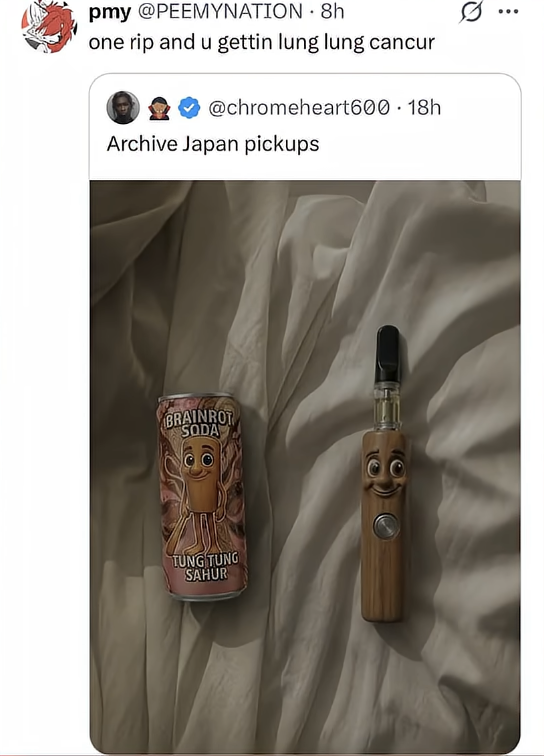 hydr0c0don3's tweet photo. startup idea: tung tung sahur weed pens https://t.co/1vqZDrptIc