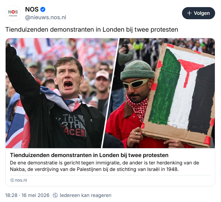 eenblikopdenos's tweet photo. "Tienduizenden demonstranten in Londen bij twee protesten", kopte de @NOS eerder vanavond. De fotokeuze (linker foto) is weer eens #typischNOS. In het artikel zelf staan ook nogal wat opvallende zaken, onder meer over de "Nakba" en Eva Vlaardingerbroek. 1/5 #biasedNOS ⭕️ https://t.co/yEs300ZuUX