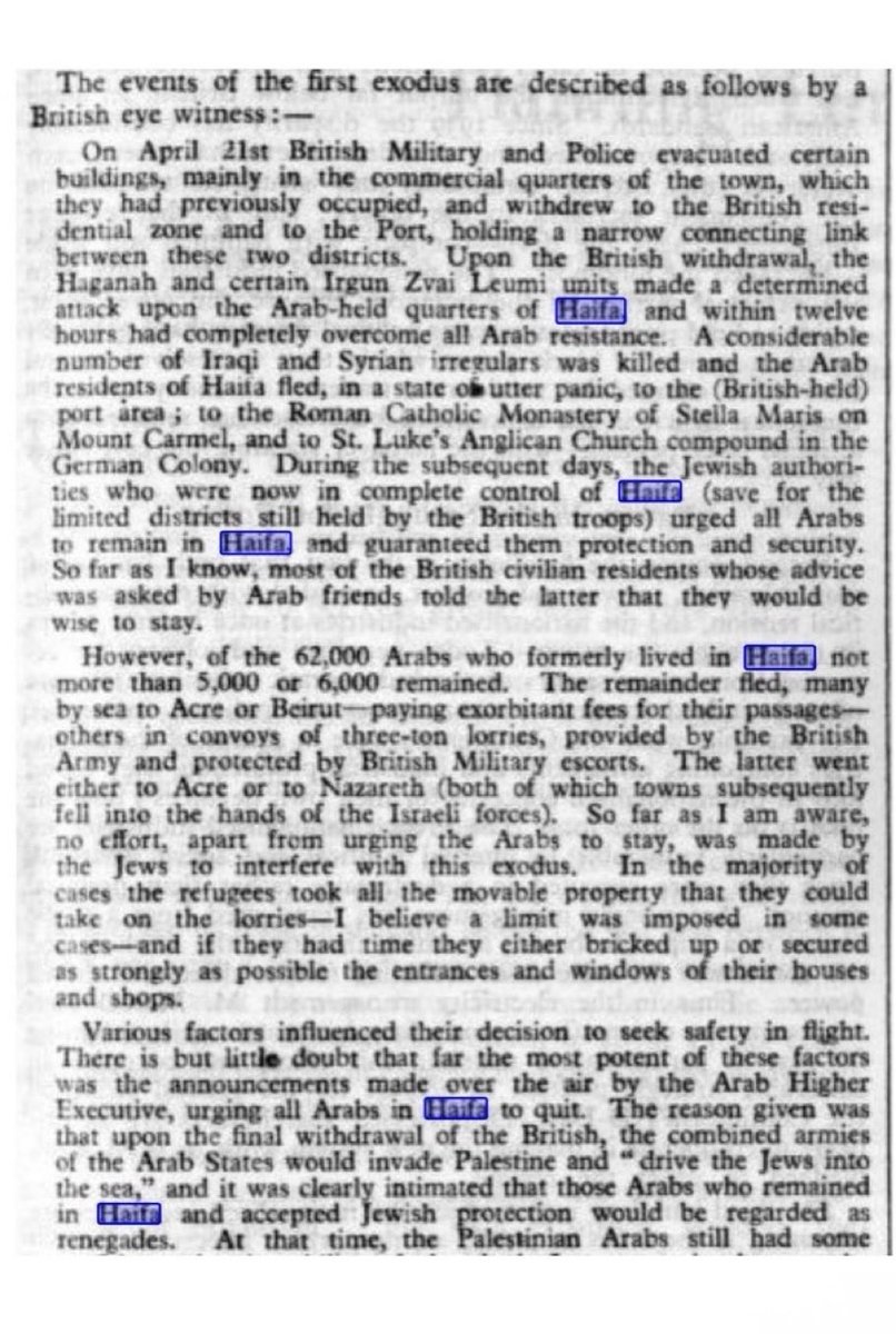 AuraMoner's tweet photo. La Nakba: The Economist del 2 d’oct del 1948: un testimoni descriu la fugida dels àrabs de Haifa seguint les ordres de l’Alt Comitè Àrab, malgrat que els jueus els van pregar que no ho fessin.

Les raons: 1) deixar el camp lliure per l’atac àrab 2) si es quedaven serien traïdors. https://t.co/uRdcCEdswa