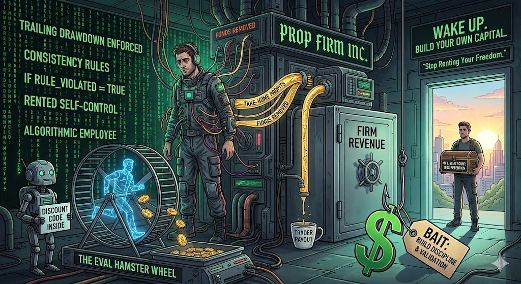 RasoolUFT's tweet photo. The Prop Firm Matrix: You aren't milking them. They are milking you. 🪤💊

Everyone starts with the exact same logical idea: "I’ll use a prop firm to build discipline and validate my strategy without risking my own capital." That is a perfectly valid entry point. That is the bait.

But somewhere down the line, you got sucked into the Prop Firm Matrix. You brag on the timeline about "milking" the firm, completely blind to the cold, hard truth: The prop firm is your daddy. 🏢🥩

Let’s break down the reality of your "financial freedom":

💸 The Payout Illusion: If you are a consistently profitable trader, why are you sharing 10% to 20% of your hard-earned upside? True wealth is 100% retention. It is about "doing for self."
🔄 The Eval Hamster Wheel: Every time you hit a drawdown limit and buy a new evaluation, the firm prints money. The affiliate pumping their discount code on the timeline gets a percentage. You are the infinite liquidity funding their marketing engine.
🛑 The Risk Management Trap: Prop firms don't enforce trailing drawdowns, consistency rules, and daily loss limits because they want to help you. They enforce them because the average retail trader is too damn lazy to think logically about risk management on their own. You are essentially paying a monthly subscription fee just to rent basic self-control.

You got into this game to be your own boss, escape the 9-to-5, and achieve ultimate freedom. Yet here you are, stressing over arbitrary rules, terrified of hitting a trailing drawdown, and sharing your payouts like an algorithmic employee. You traded one master for another.

Use them to learn the ropes. Use them to build your initial bankroll. But if your endgame isn't transitioning to your OWN live, personal brokerage account where you make the rules and keep 100% of the harvest... you are still asleep in the matrix.

Stop renting your freedom. Wake up. Build your own capital. 🌌🐾

#TradingPsychology #PropFirms #DayTrading #RiskManagement #FinancialFreedom #FuturesTrading #MarketStructure $NQ $ES