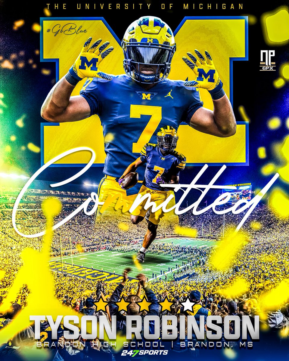 NathanPurvis's tweet photo. | THE BIG HOUSE |

Tyson Robinson (@trob3_), the class of 2027 @247Sports 4⭐️ running back from Brandon High School (Brandon, MS), has committed to the Michigan Wolverines. #GoBlue https://t.co/LGsg4UeujW