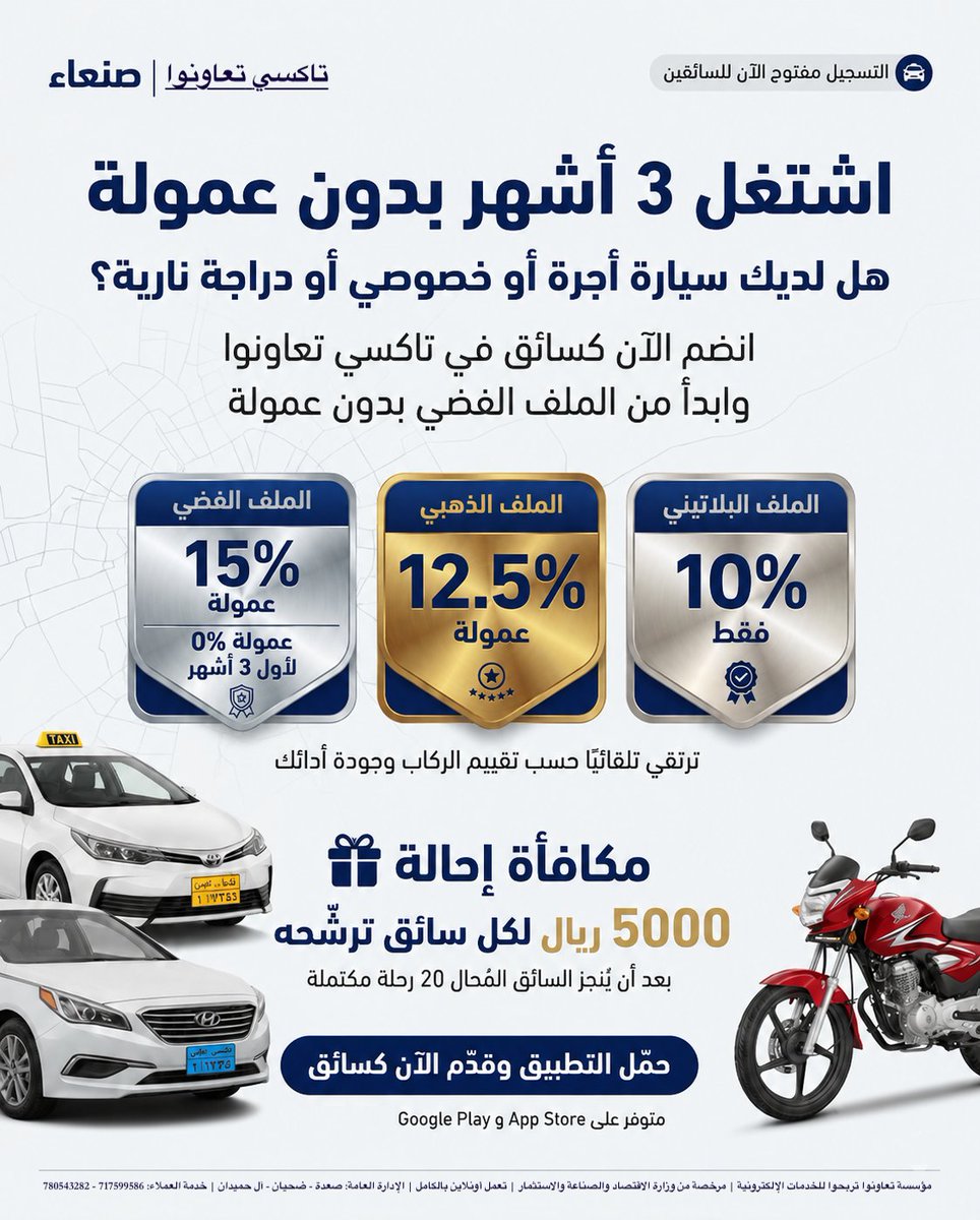 almoayede's tweet photo. 🚖 هل لديك سيارة أجرة أو خصوصي أو دراجة نارية؟
منصة تعاونوا تفتح باب التسجيل للسائقين في #تاكسي_تعاونوا داخل صنعاء.

🔥 ابدأ بالملف الفضي: 3 أشهر بدون عمولة.
⭐ ترقَّ تلقائياً حسب تقييم الركاب  
🎁 رشّح سائقاً واكسب 5000 ريال رصيد عمولة بعد إكماله 20 مشوار

حمّل التطبيق وقدّم الآن كسائق 👇  
Google Play: https://t.co/nPW8cg7zJs 
App Store: https://t.co/zMlSqYdNMe

تاكسي تعاونوا… البداية من السائقين، والطريق قريباً للركاب