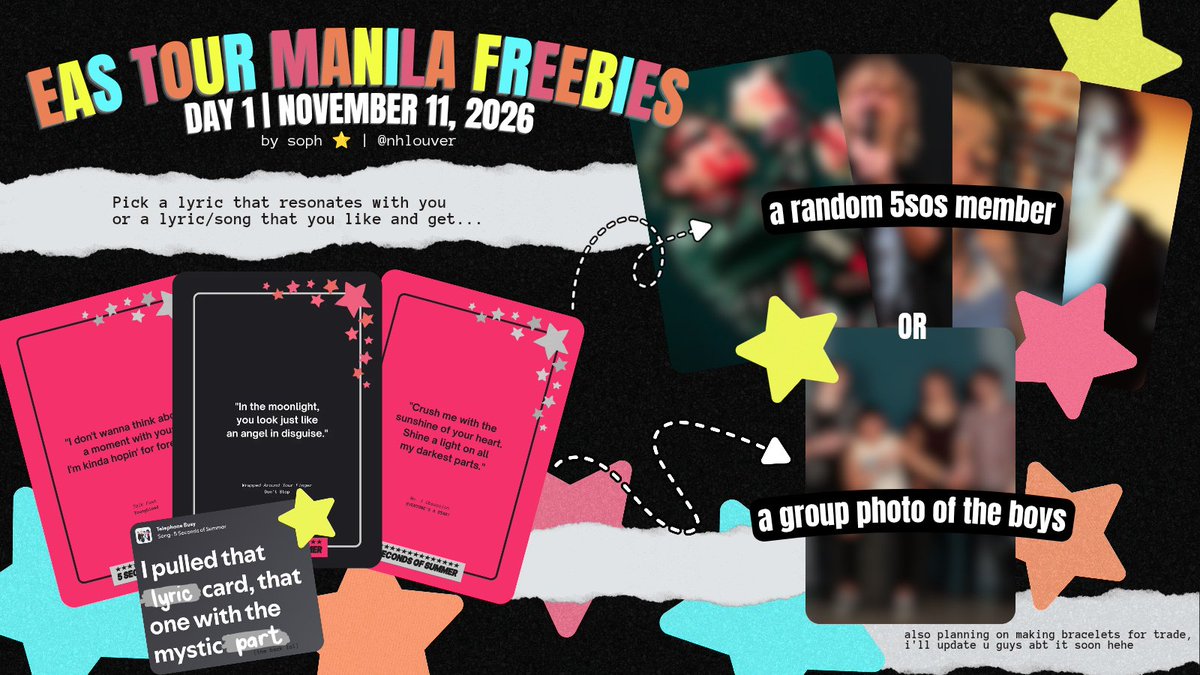 nhlouver's tweet photo. EAS MANILA FREEBIE: LYRIC PHOTOCARDS 📝
w/ a twist kasi gusto ko may thrill

⭐ for d1 goers
⭐ 1:1 bc limited quantity
⭐ time and loc tba on d-day
⭐ dm me for trades!! (limited too)
⭐ rt &amp; like to spread! a follow would be nice too 🫶🏻

#EASManila
#5SOSinManila https://t.co/Oq5GxrPQUy