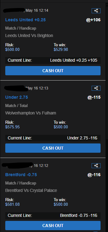 GrindingEddie's tweet photo. Sun May 17

English Premier League:

Leeds +0.25 +106
Brentford -0.75 -116
Wolves/Fulham U-2.75 -115 https://t.co/w19Tm8i9x4