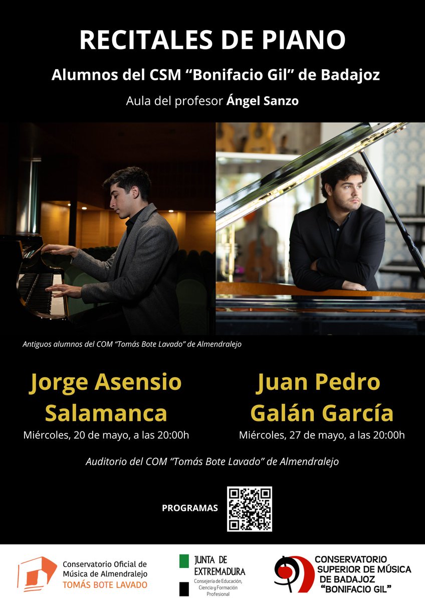 COMAlmendralejo's tweet photo. Los días 20 y 27 de mayo nos visitan dos antiguos alumnos, Jorge Asensio y Juan Pedro Galán. Ambos estudian en el @CSMBonifacioGil con el profesor Ángel Sanzo. Ofrecerán 2 recitales de piano a las 20h. en el auditorio de nuestro conservatorio.
Programa:
https://t.co/qvAZ7apJcQ https://t.co/SP22R6YrIW