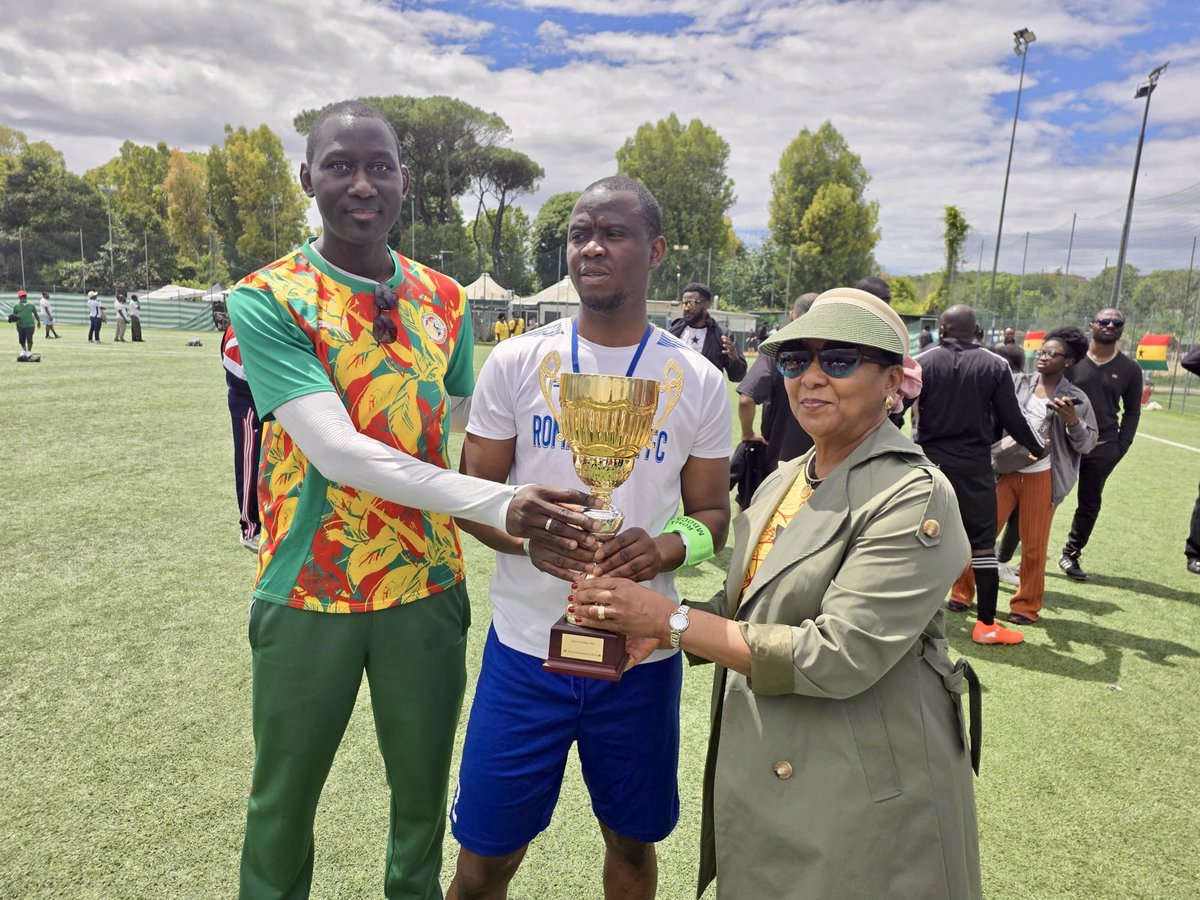 maamcor's tweet photo. Thanks to the Embassy of Ghana for organising a football tournament as part of the national Day celebrations. Four teams have participated: Ghana, Haïti, Italy and The Gambia. The Gambia won the trophy against Ghana with the support of Senegal. Football unites: Senegambia forever https://t.co/WCcpyTDiag
