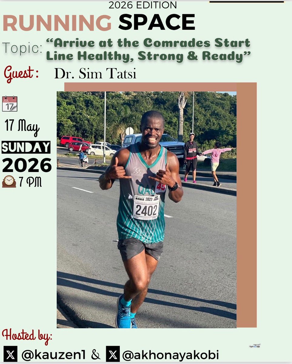akonayakobi's tweet photo. Set a reminder for my upcoming Space! https://t.co/cAtE1X3zBD
Please join us tomorrow on our space
We host Dr Sim Toni as we prepare to line up for @ComradesRace in less than 1 month
#runningwithtumisole #fetchyourbody2026 #running https://t.co/wZNlZnVAH2
