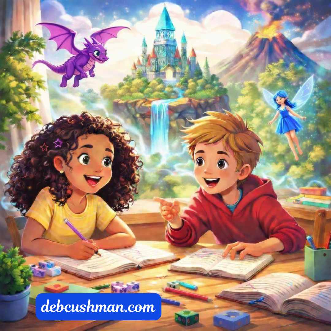 DebCushman's tweet photo. A quick bookish challenge for the weekend: ask your child to invent a fantasy setting in 3 sentences:
Where are we? 
What’s the danger?
What magical helper shows up?
Then post their 3 sentences in the comments. I'd love to see what their imaginations create!
#familyactivity https://t.co/AU7S9aLmNT