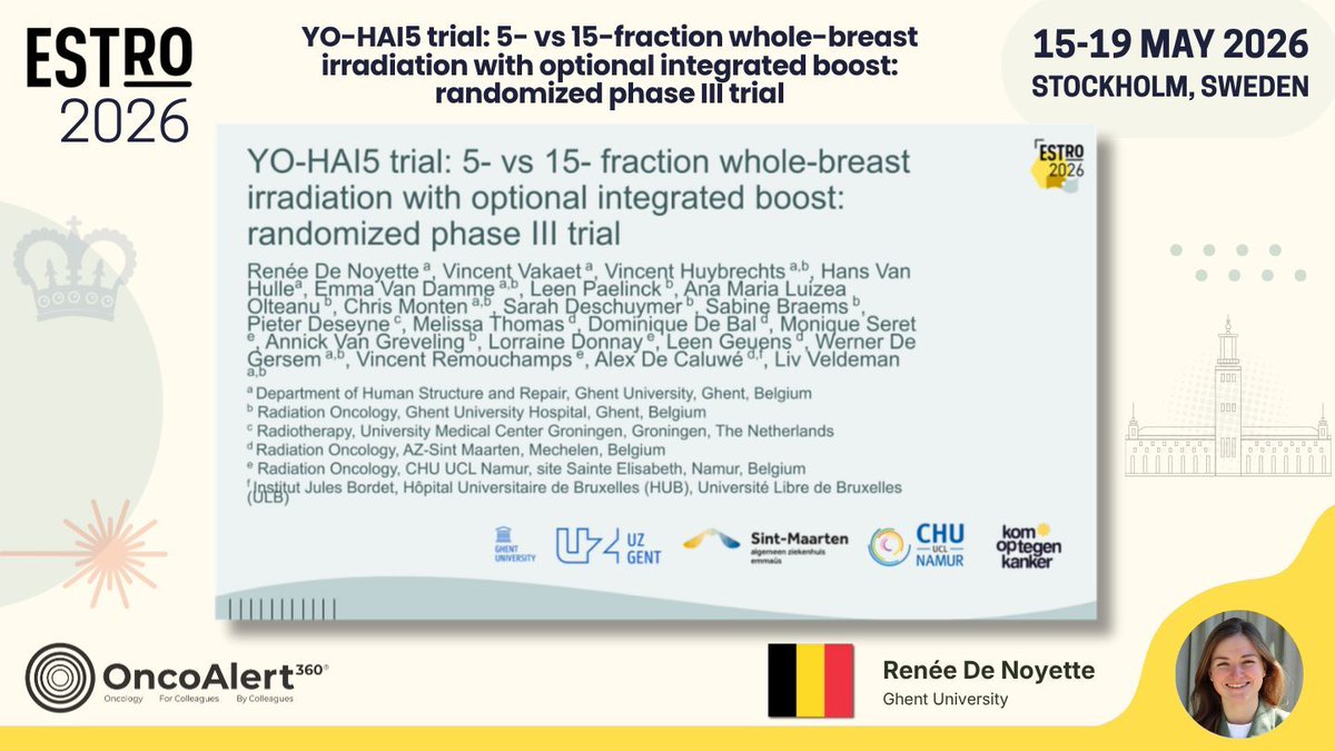OncoAlert's tweet photo. Day TWO of #ESTRO26 Coverage by OncoAlert 🚨 
YO-HAI5 trial: 5- vs 15-fraction whole-breast irradiation with optional integrated boost: randomized phase III trial Presented by Renée De Noyette 🇧🇪 
#RadOnc ☢️ #BreastCancer

The YO-HAI5 trial is a phase III, randomized, non-inferiority trial that evaluated 28.5 Gy/5-fractions/12-days vs 40 Gy/15-fractions/3-weeks adjuvant whole-breast irradiation with lymph node irradiation and simultaneously integrated boost when required. The primary endpoint was radiation-induced breast retraction at two years with noninferiority predefined as <10% increase. 488 women were randomized and 78.9% received a SIB. Non-inferiority was suggested, however, the substantial proportion of missing data renders these findings hypothesis-generating. 

@ESTRO_RT
@yasemin09896924
@LindaMrissa
@christian_roenn
@Valeriadionisi
@gerryhanna
@clchiang_hk
@mtugceyilmaz
@B_Tomasik
@gmpetrianni
@CiroFranzese1
@Atem84
@piet_ost
@brachyexpert
@BlanceS90
@The_PT_Explorer
@BarbaraJereczek
@Mat_Guc
@ZilliThomas
@AnnaKirby17
@PBlanchardMD
@achoud72

Pinging OA faculty
@MKnoll_MD
@_ShankarSiva
@Icro_Meattini
@seanmmcbride
@NiuSanford
@nataliagandur
@acampsmalea
@to_be_elizabeth