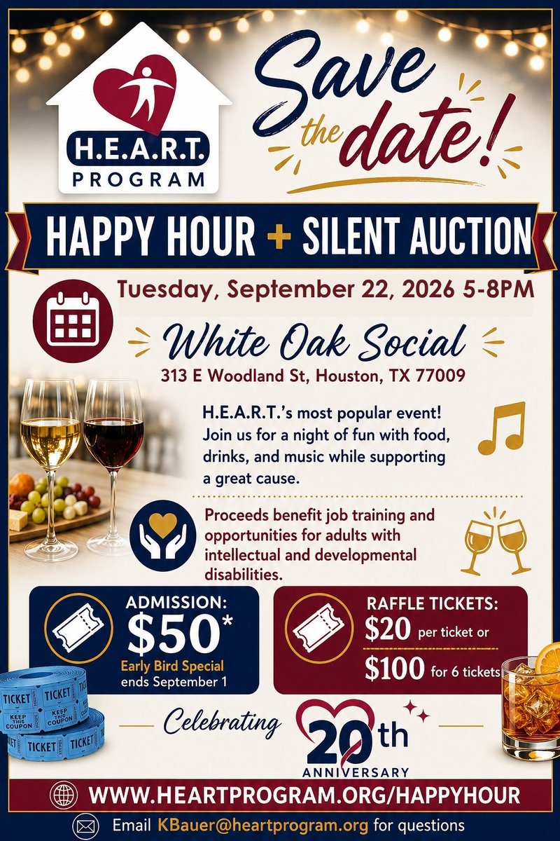 theheartprogram's tweet photo. H.E.A.R.T.'s luncheon is sold out, but our 20th anniversary celebration continues on September 22nd, 2026 when Happy Hour returns! Grab your early bird tickets for a night of food, drink, and fun!
https://t.co/Dm1DeHyhr3
#20thAnniversary #Happy Hour https://t.co/dRmH48F2eC