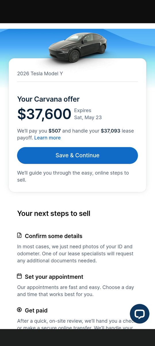 sethkn's tweet photo. @DennisCW_ kinda crazy. I can sell my 11 month old leased Y to Carvana and get paid $500. I don't want to, but nice to see. https://t.co/hfX9yJLHPs