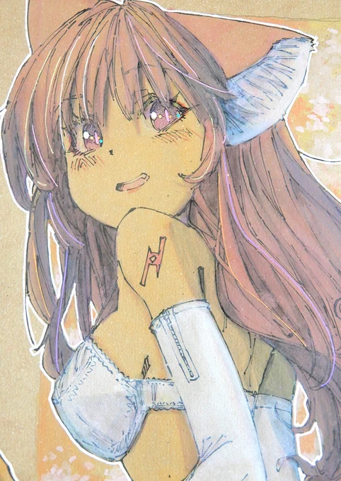 【アナログ2499:セピア用紙で白下着】ラフを病院で描いた絵。白がとても良く目立ちます。反射が強く紙としてはちょっと使いづらい。元々工作用みたいです。#watercolorpainting #traditionalart #foxgirl #kitsune #moeart #kawaiiart #originalcharacter #grisille