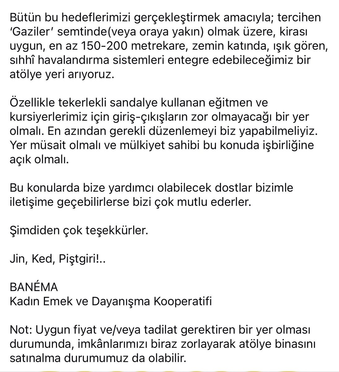 namdarcamlibel's tweet photo. DİYARBEKİR’DE KİRALIK UYGUN 
ATÖLYE BİNASI ARIYORUZ

Sevgili Dostlar,
Xîret FOUNDATION olarak,
Wan Merkezli RÛMET Sosyal Sorumluluk ve Dayanışma Vakfımızın kuruluşunu tamamladık. 

Yaklaşık 6 aydan beridir de Diyarbekir(Amed) Merkezli bir Kadın Kooperatifi çalışmamız var. https://t.co/sg8Jz67rKZ