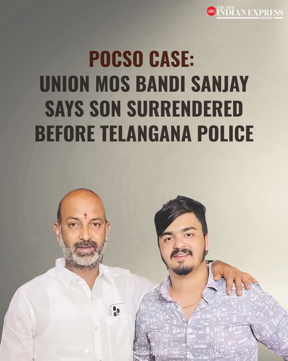 NewIndianXpress's tweet photo. Union Minister #BandiSanjayKumar said his son, #BandiBhageerath, had surrendered before the police in a POCSO case, a day after the #TelanganaHC refused to grant him interim relief.

The #BJP leader said he had asked his son to cooperate with the police soon after the complaint was registered last week.
🔗https://t.co/8td1tQhPv4

@XpressHyderabad #Telangana