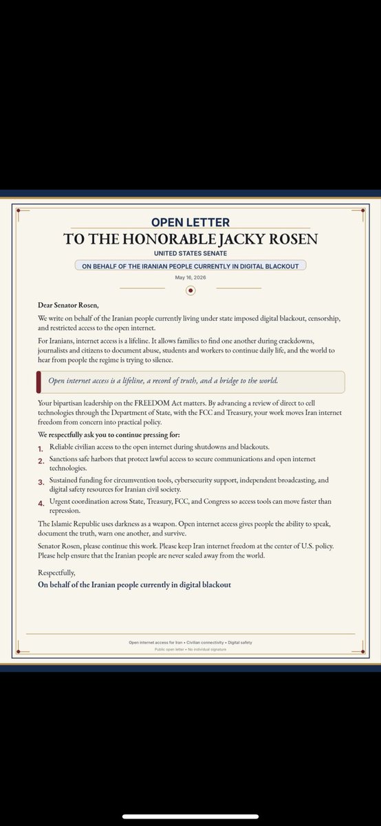 RaziAzita's tweet photo. Senator Jacky Rosen’s FREEDOM Act makes internet freedom for Iranians a priority.
When a regime silences its people, open internet is a lifeline.
#DirectToCellForIran @SenJackyRosen https://t.co/t3UqGVvQag