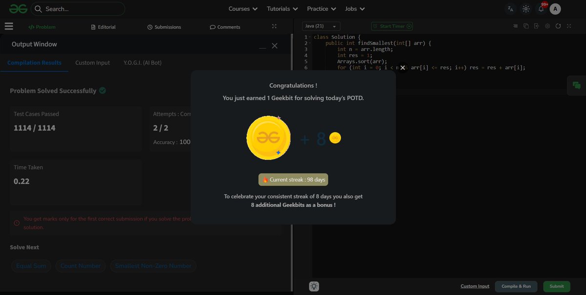 arundutta2004's tweet photo. Day 88 (Problem Statement: Not a subset sum) of the POTD challenge powered by @NPCI_NPCI conducted by @geeksforgeeks, successfully submitted.

#geekstreak60 #npci https://t.co/UWq04G4Lly