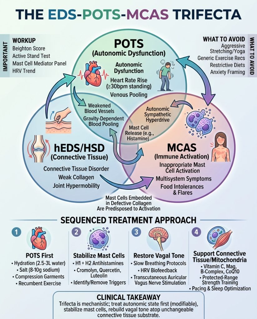SterlingCooley's tweet photo. The article outlines the EDS-POTS-MCAS trifecta, a phenotype in hypermobile patients previously misdiagnosed as anxiety, chronic fatigue, or fibromyalgia. This involves young, often female patients with hypermobility, dysautonomia, GI dysfunction, food intolerances, palpitations, and flares.
Hypermobile Ehlers-Danlos Syndrome (hEDS) or Hypermobility Spectrum Disorder (HSD) is a connective tissue disorder affecting collagen integrity in joints, skin, blood vessels, and organ-supporting tissues. Postural Orthostatic Tachycardia Syndrome (POTS) is autonomic dysfunction with heart rate rise ≥30 bpm on standing (≥40 bpm in adolescents) without orthostatic hypotension, plus symptoms. Mast Cell Activation Syndrome (MCAS) involves inappropriate mast cell mediator release causing multisystem symptoms.
Overlaps include roughly 80% of hEDS patients having POTS, approximately 31% of POTS patients having hEDS, and about 31% MCAS prevalence in patients with both POTS and EDS versus 2% without. These reflect mechanistic links.
Mechanisms: Weak collagen scaffold in blood vessels alters elasticity, increases venous distensibility, causes gravity-dependent blood pooling, and prompts autonomic compensation via sympathetic hyperdrive, yielding tachycardia, fatigue, and lightheadedness.
Mast cells, embedded in connective tissue, face altered mechanical and biochemical environments from defective collagen, predisposing to activation. Recent 2025 proteomics in hEDS shows reduced complement proteins, indicating an intrinsic immune component.
Mast cell mediators like histamine raise sympathetic outflow, depress vagal tone, and contribute to orthostatic intolerance. Low vagal tone removes the cholinergic brake on mast cells, creating a self-amplifying loop between autonomic dysfunction and mast cells.
Workup includes Beighton score and 2017 hEDS criteria; 10-minute active stand test for BP and HR (tilt-table if borderline); mast cell mediator panel (tryptase, plasma histamine, urinary N-methylhistamine, prostaglandin D2 metabolites); 1–2 week HRV trend; iron, ferritin, B12, vitamin D levels; echocardiogram to rule out vascular EDS and assess mitral valve.
Sequenced treatment: 1. POTS first (most reversible): 2.5–3 L water, 8–10 g sodium daily; waist-high 20–30 mmHg compression garments; recumbent exercise; ivabradine, midodrine, or low-dose beta-blockade if needed. 2. Mast cell stabilization: H1 + H2 antihistamines, cromolyn sodium, quercetin, luteolin; identify/remove triggers without restriction trap. 3. Vagal tone restoration: slow breathing protocols, HRV biofeedback, transcutaneous auricular vagus nerve stimulation (modulates autonomic and mast cell axes via cholinergic anti-inflammatory pathway). 4. Connective tissue/mitochondria support: vitamin C, magnesium, B-complex, CoQ10; protected-range strength training; sleep optimization and pacing.
Avoid aggressive end-range stretching/yoga, generic exercise recommendations, restrictive diets without rationale, and 'it's anxiety' framing.
Clinical takeaway: Trifecta is mechanistic; treat autonomic state first (modifiable), stabilize mast cells, rebuild vagal tone atop unchangeable connective tissue substrate.
https://t.co/JpKlWj7SFl
