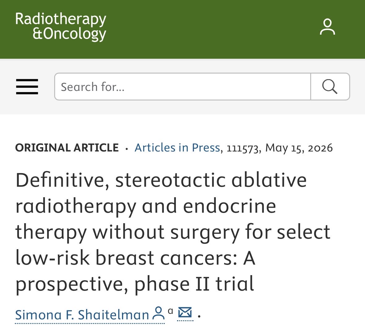 SFShaitelmanMD's tweet photo. Honored to present data #MakingCancerHistory on ablative radiation and omission of surgery on behalf of the Exceptional Responder Study Group at #ESTRO26 @ESTRO_RT @MDAndersonnews with @RO_GreenJournal concurrent publication mentored by @HenryKuerer https://t.co/duEfF90xCy