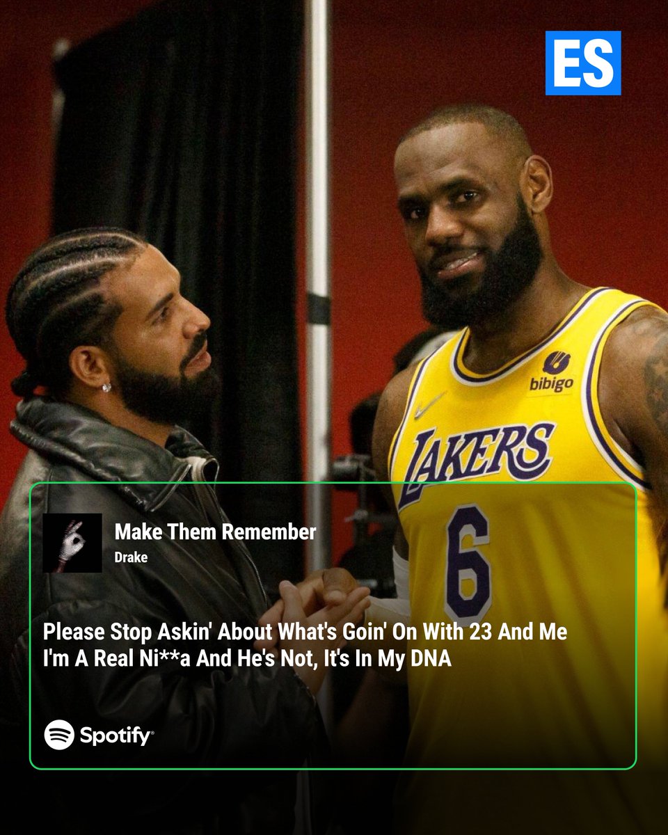 ES_sportsnews's tweet photo. Track: "Make Them Remember"

Drizzy wasn't done with the 4x Champion. 👑❌

Playing on the DNA testing company and LeBron's iconic jersey number, Drake lets it be known that the brotherhood is officially on ice. https://t.co/qoCe3LkeH8