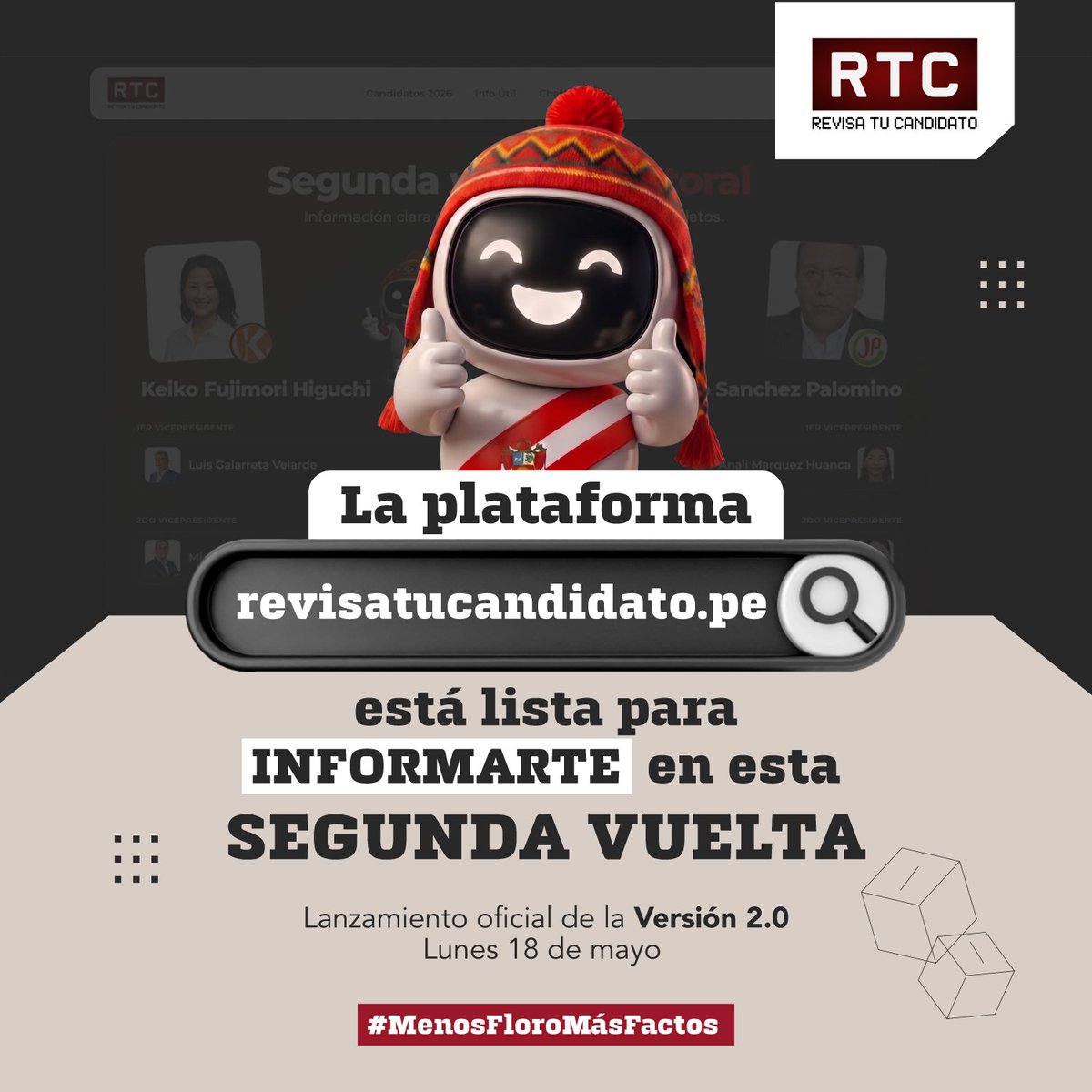 RTCPeru's tweet photo. #SegundaVuelta | 🇵🇪🔎
En esta segunda vuelta, el Perú necesita ciudadanos más informados.
La nueva versión de https://t.co/rFMdmmmSgg llega para ayudarte a revisar planes de gobierno, trayectoria, datos clave antes de votar y más.
📅 Lanzamiento Versión 2.0 | lunes 18 de mayo. https://t.co/Yl0ifXXjyE