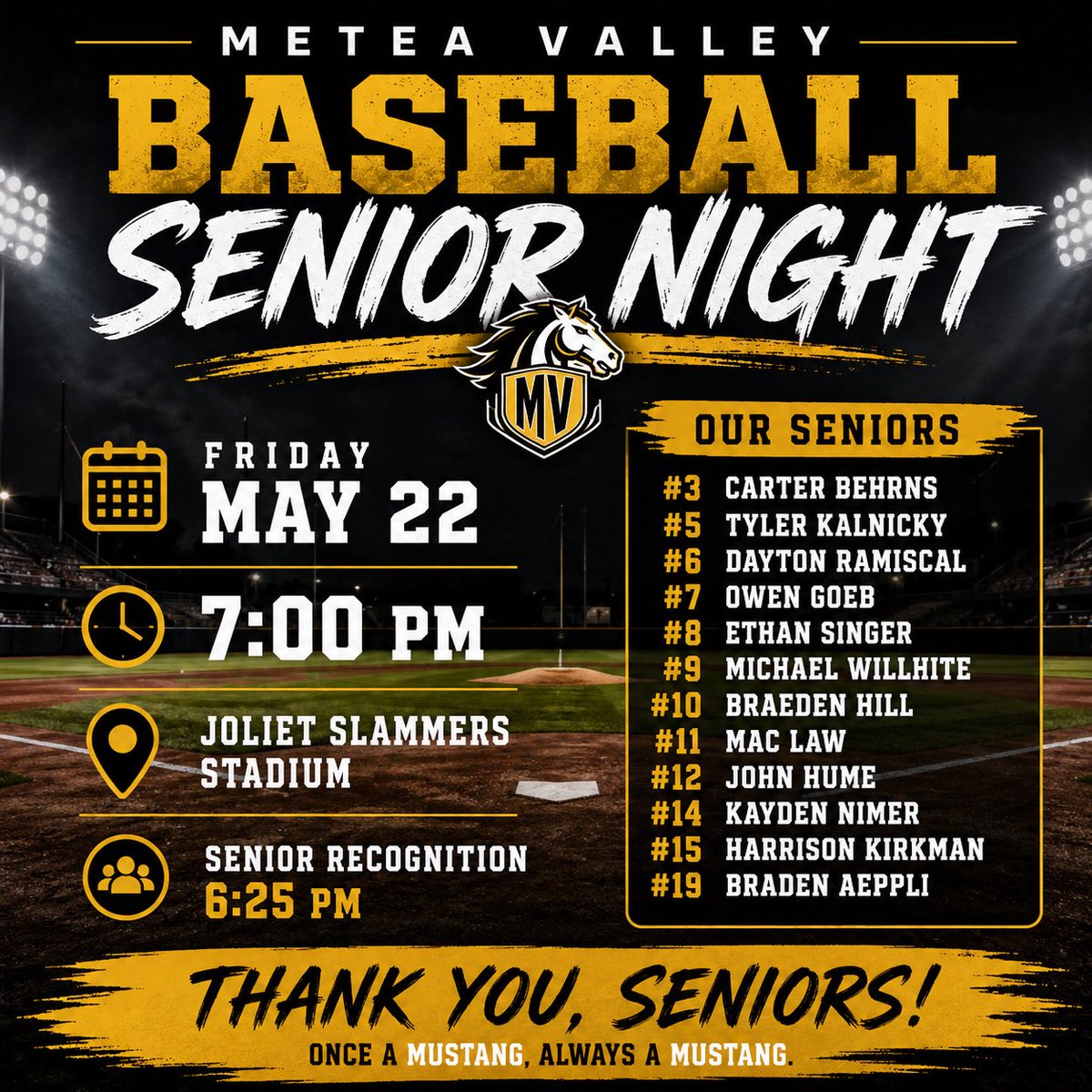 MeteaBaseball's tweet photo. Senior Night is Friday at Slammers Stadium! No costs to get in, just come support our 12 Seniors in their last regular season game as a group 

@MeteaAthletics @meteavalley https://t.co/rutJnPwDkg