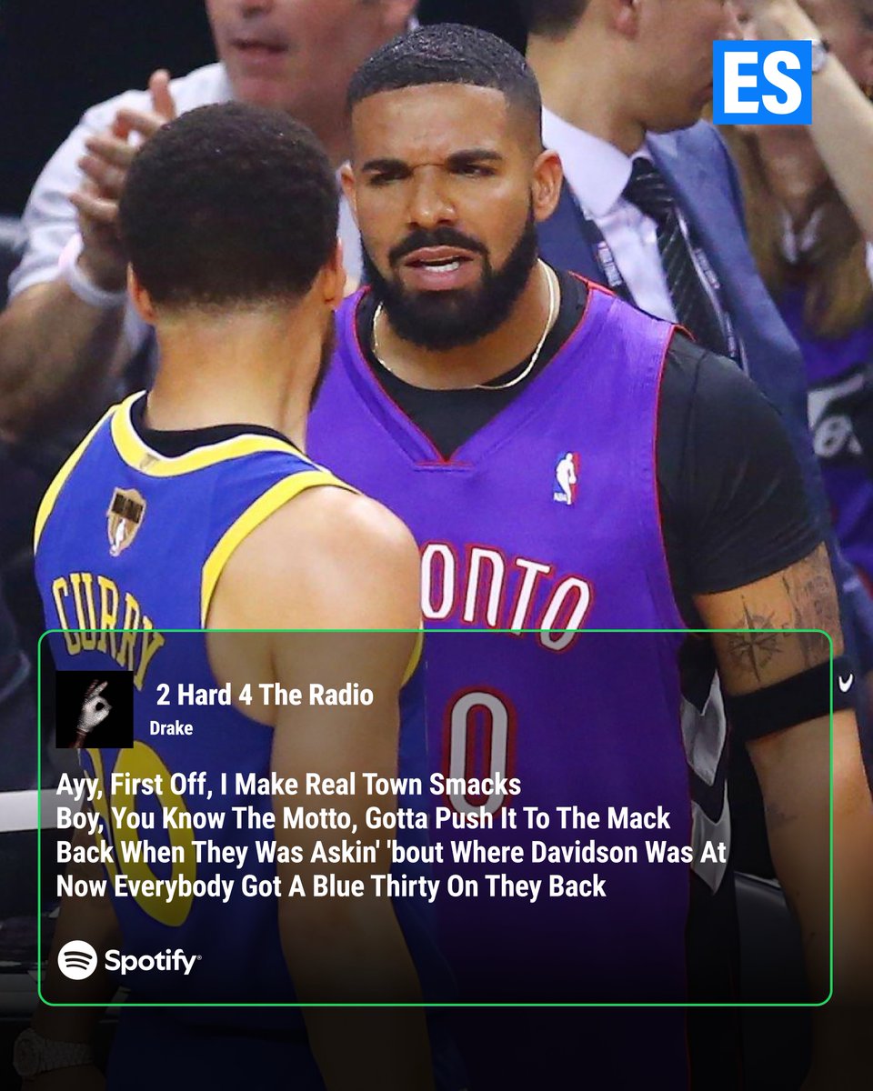 ES_sportsnews's tweet photo. Track: "2 Hard 4 The Radio"

From Davidson underdog to global icon. ⚡️ Drake shows immense love to Chef Curry, tracking his journey to becoming the generational star who put a "Blue 30" jersey on everyone's backs. https://t.co/MghVE8KJVd